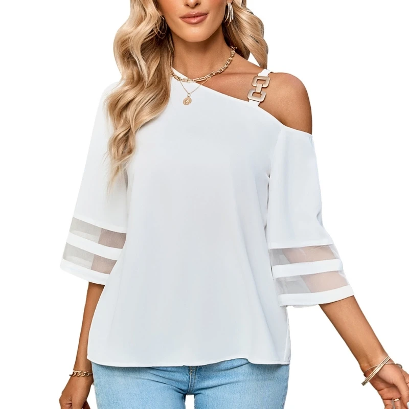 M2EA Women Mesh Panel 3/4 Flared Sleeve Blouse Sexy Metal Buckle Cold Shoulder Solid Color Casual Loose Shirts Tunic Top