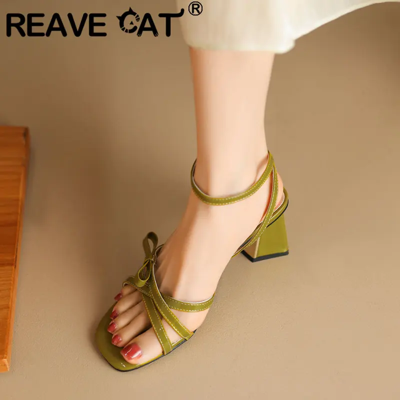 

REAVE CAT Ladies Sandals Square Toe Chunky Heel 6cm Buckle Strap Bowknot Large Size 41 42 43 Concise Elegant Dating Women Shoes