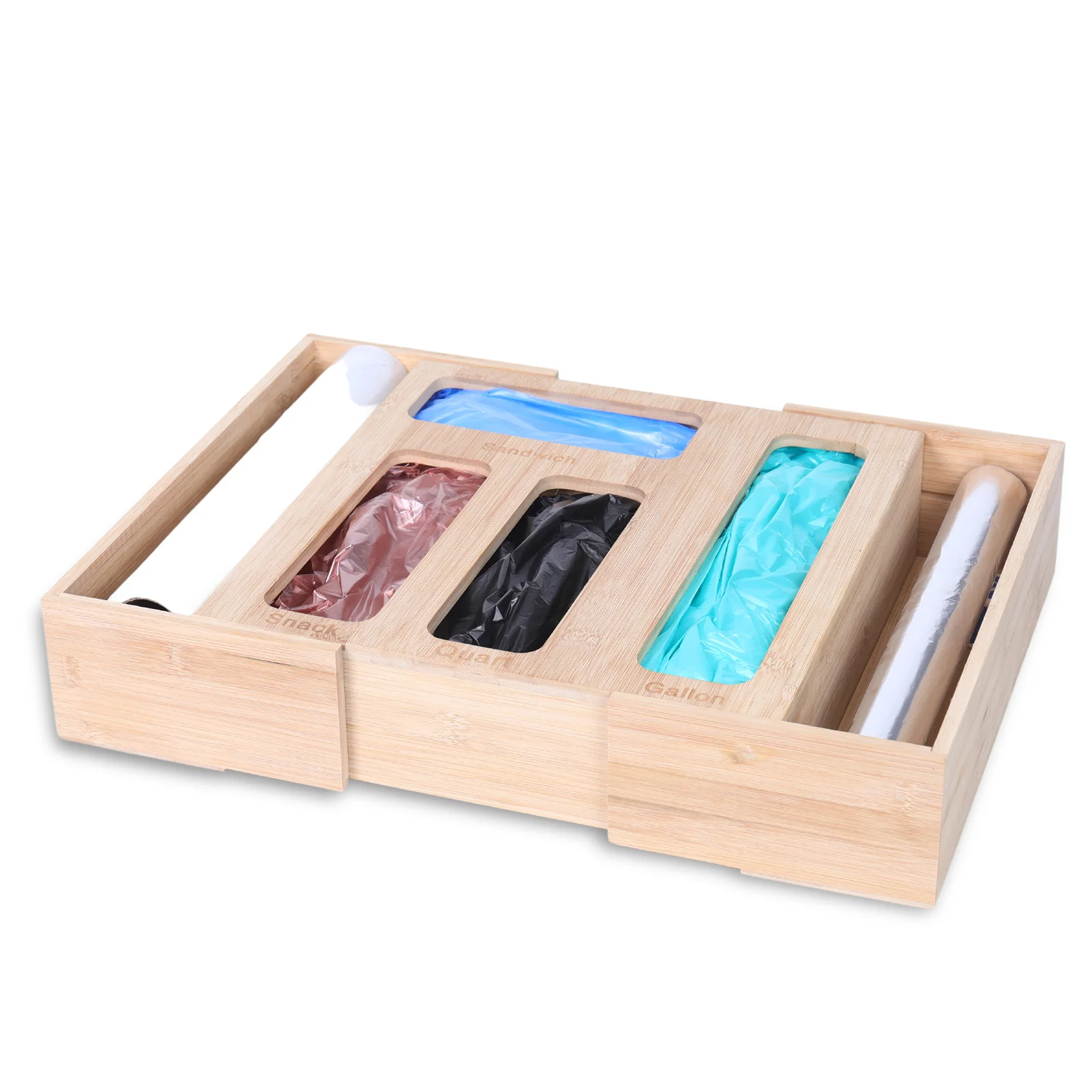 

Bamboo Bag Storage Organizer Bamboo Food Storage Bag Holders And Dispenser Bags Organizer For Gallon Quart Sandwich And Snack