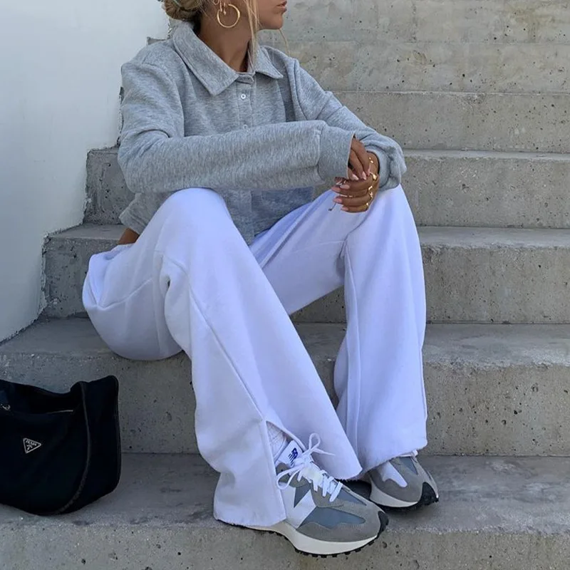 

Осенние брюки с широкими штанинами, белые хлопковые брюки на шнуровке, уличная одежда, спортивные брюки, женские модные брюки с высокой тали...