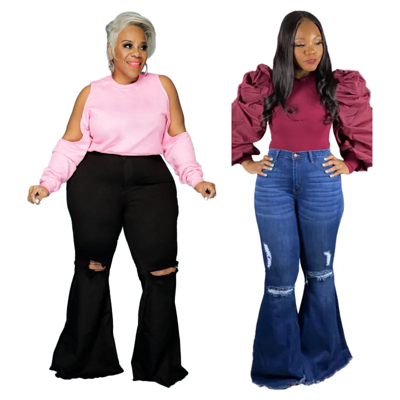 

XL-5XL Flared Jeans for Women Plus Size Women Clothing Sexy Hole Long Pants Floor Length Streetwear Wolesale Dropshipping