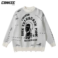 choize mens hip hop streetwear harajuku sweater vintage retro ripped letter anime knitted sweater autumn cotton pullover black