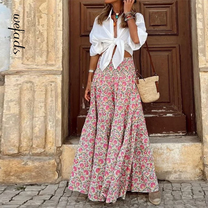 

Wefads Women Two Piece Set Fashion Solid Lapel Long Sleeve Lace Up Shirt Top Print Loose Long Skirt Sets High Streetwear