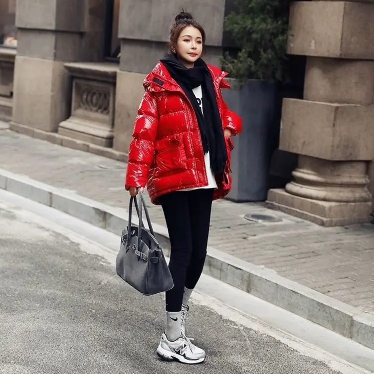 Hooded Down Women's Parka Fashion Mid-length Jacket Coat Bright Gloosy Padded Jacket Loose Warm Cotton Padded News Clothes S52