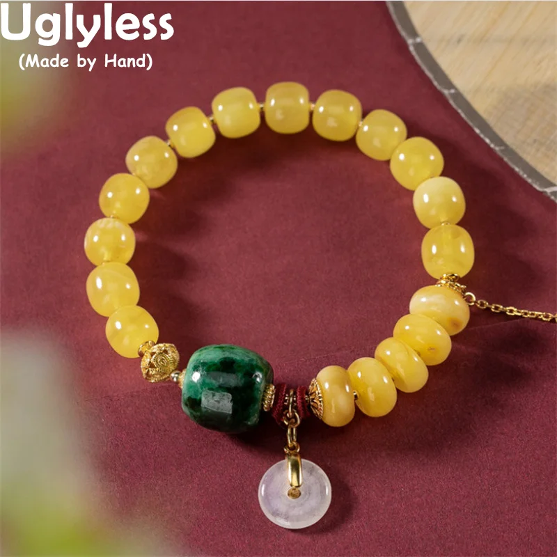 

Uglyless Pretty Natural Chicken Oil Color Beeswax Amber Bracelets for Women Elastic Rope Agate Jadeite Beads Bracelet 925 Silver