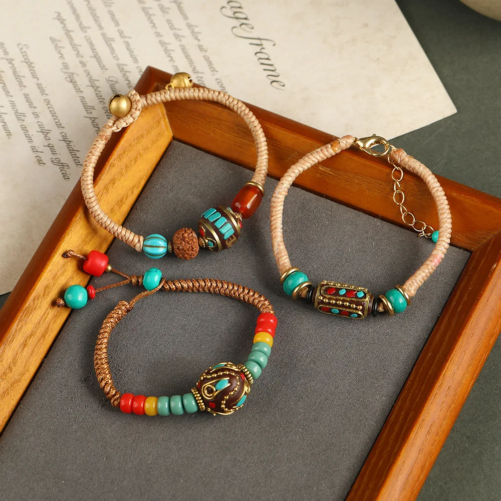 

New Bohemian Ethnic Style Nepalese Bead Hand Jewelry Vintage Wax Thread Hand-woven Men's and Women's Bracelets Bangle Jewelry