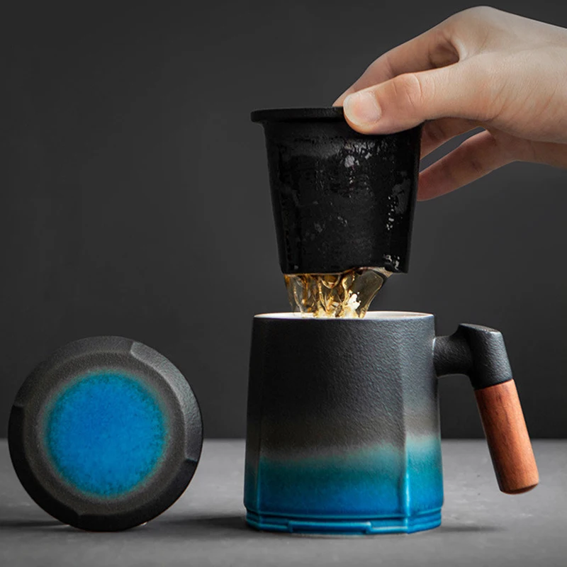 Taza de té de cerámica azul de lujo con tapa, tazas de té, café, filtro, vajilla de oficina, accesorios de té, regalo