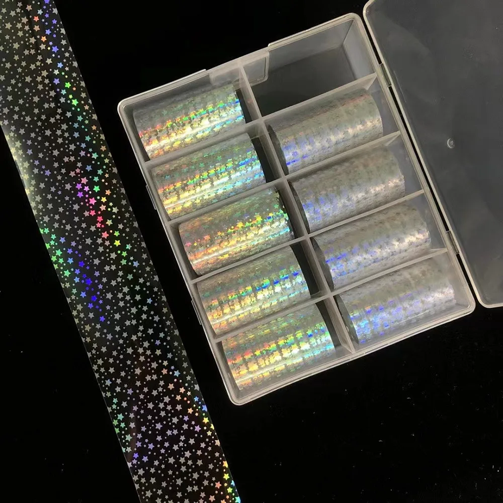 

10PCs/Box 4*100cm Holographic Starry Foil Nail Art Wraps Transfer Decals Manicure DIY Decoration Metallic Color Nail Stickers