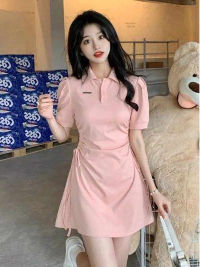 Женское платье-поло с воротником Новинка весна-лето 2024 пояс кулиской для