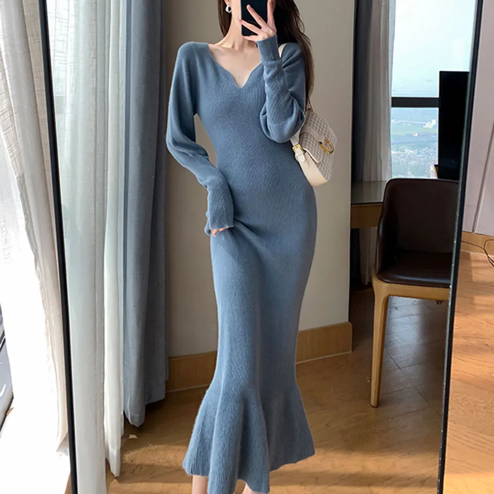 

V-Neck Slim Long Sleeve Blue Mermaid Knitted Women's Dress Elegant Lady Bodycon Female Soft Wind Autumn Winter 2022 New Style