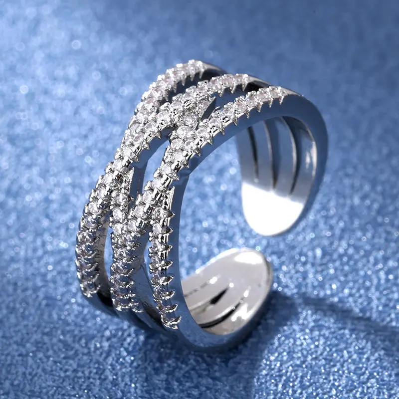

Delicate Simple Geometric Shiny Zircon Silver Plated Open Adjustable Cocktail Rings for Women Wedding Party Jewelry Girls