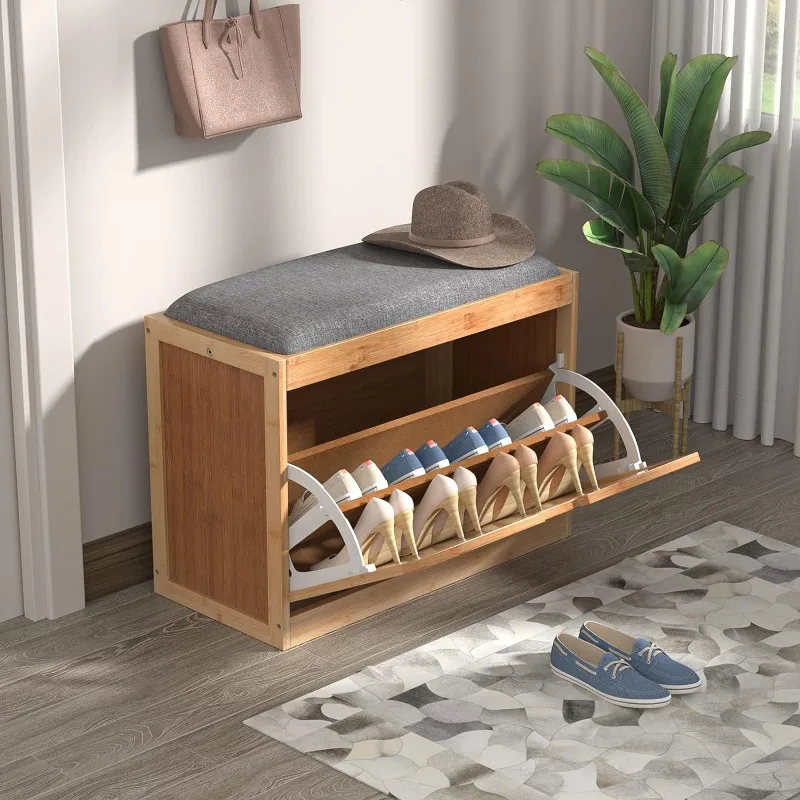 

QSSLLC Hidden Bamboo Shoe Bench with Storage Seat Cushion Flip Drawer for Entryway Hallway Mumroom