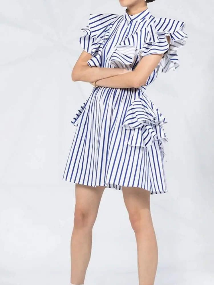 

Short Women's Dresses New Cascading Ruffles Sleeve OL Cotton Striped Clothing Summer Dress High Waist Patchwork Shirts Dress
