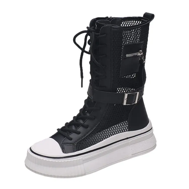 

Dropshipping Summer New Breathable Mesh Cutout Boots Lace-Up Zipper Mid-Tube Platform Heightening Slim Women's Sandals