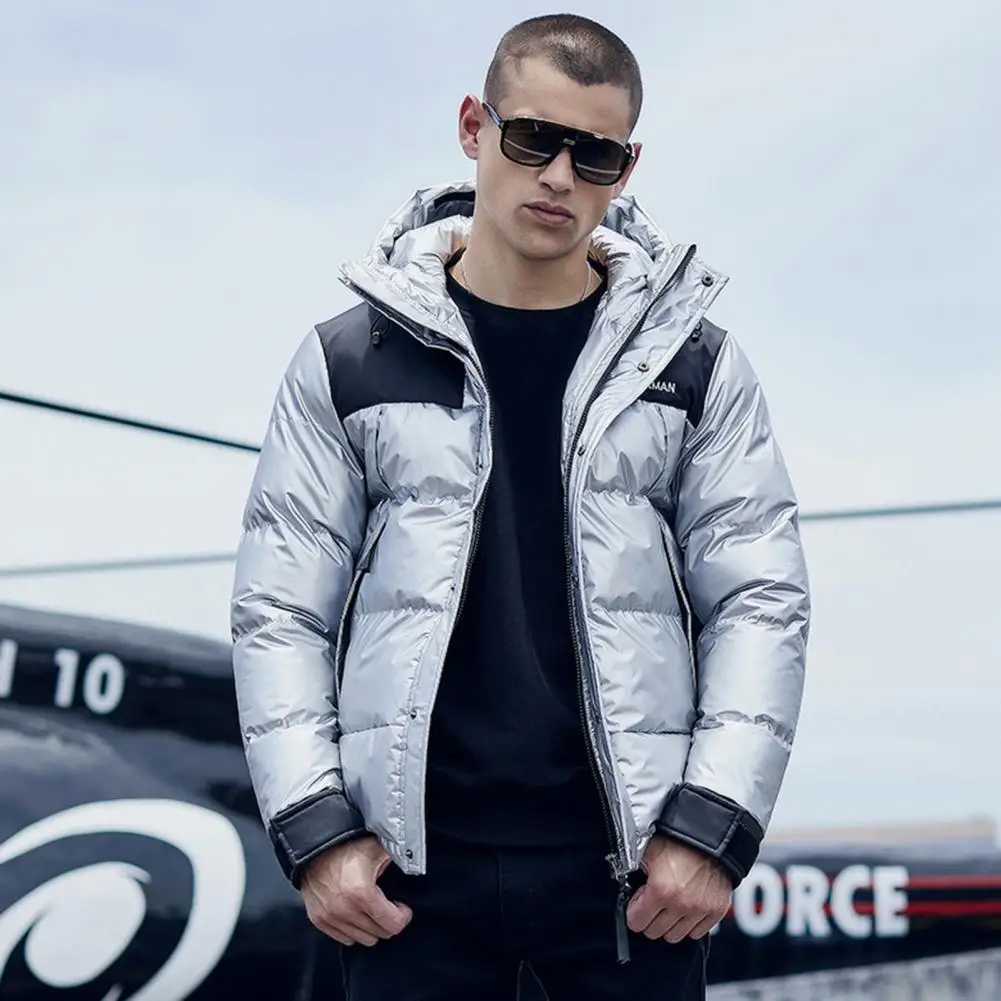 Men Overcoat Patchwork Winter Coldproof Pockets Hood Windbreaker   Men Coat  for Outdoor