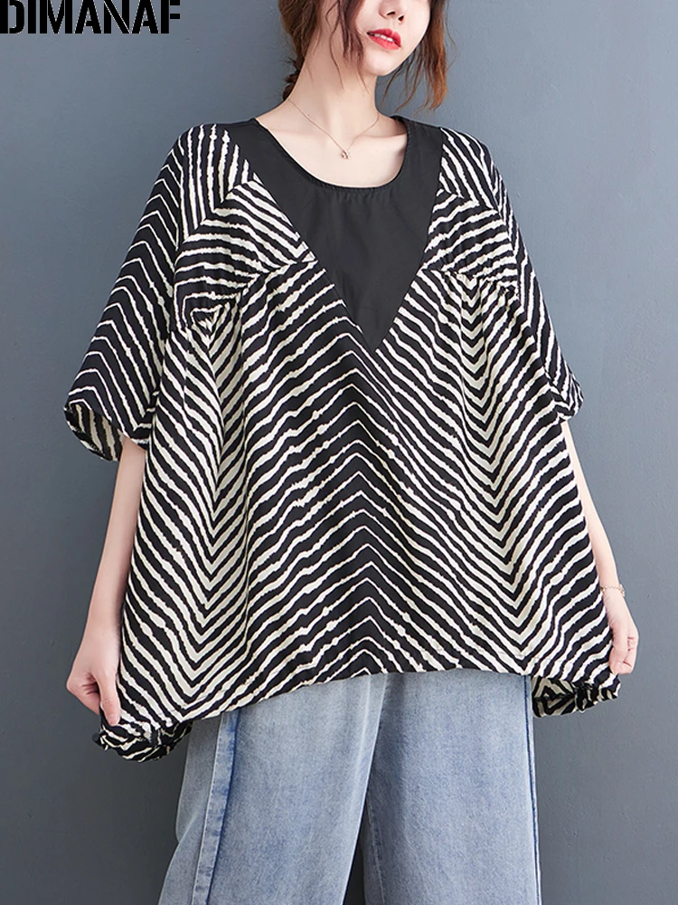 

DIMANAF Summer Women Blouse T-Shirts Print Black Striped Vintage Lady Tops Tunic Tees Shirt Oversize Loose Casual Clothing