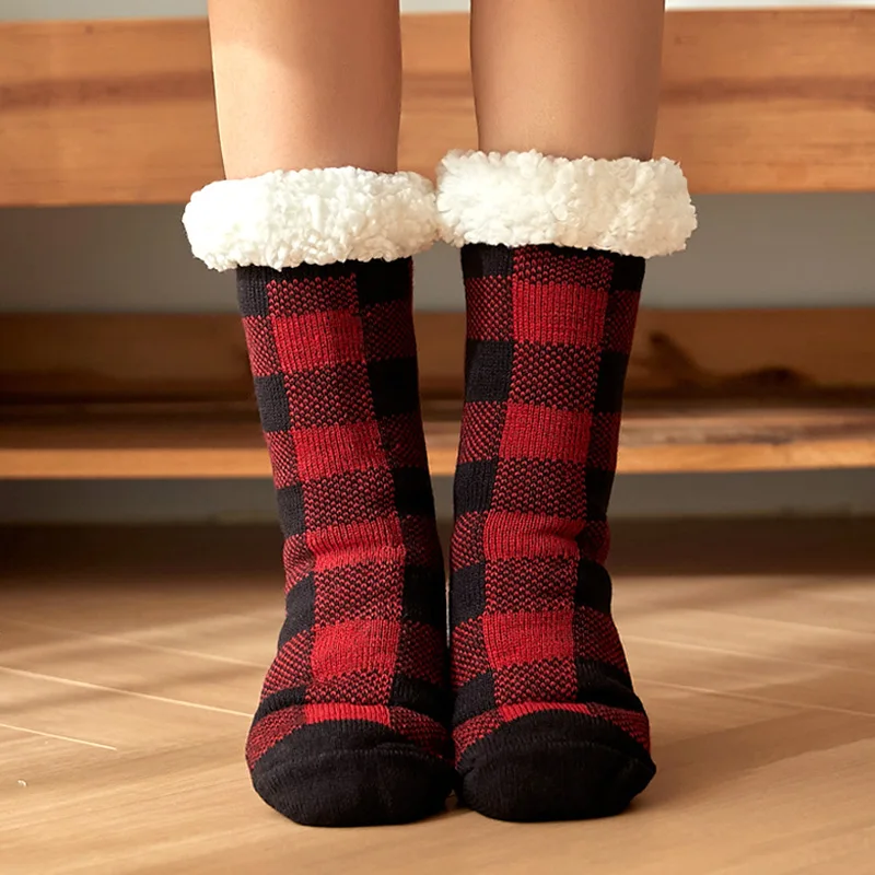 Winter Warm Socks Women Fashion Plaid Thicken Thermal Woollen Snow Socks Women's Non-Slip Indoor Floor Sleeping Sock
