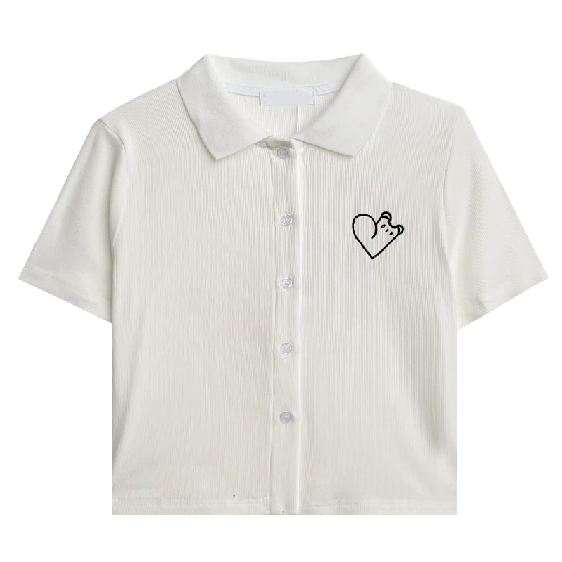 

College style simple solid color cartoon embroidery comfortable cotton loose lapel short-sleeved T-shirt