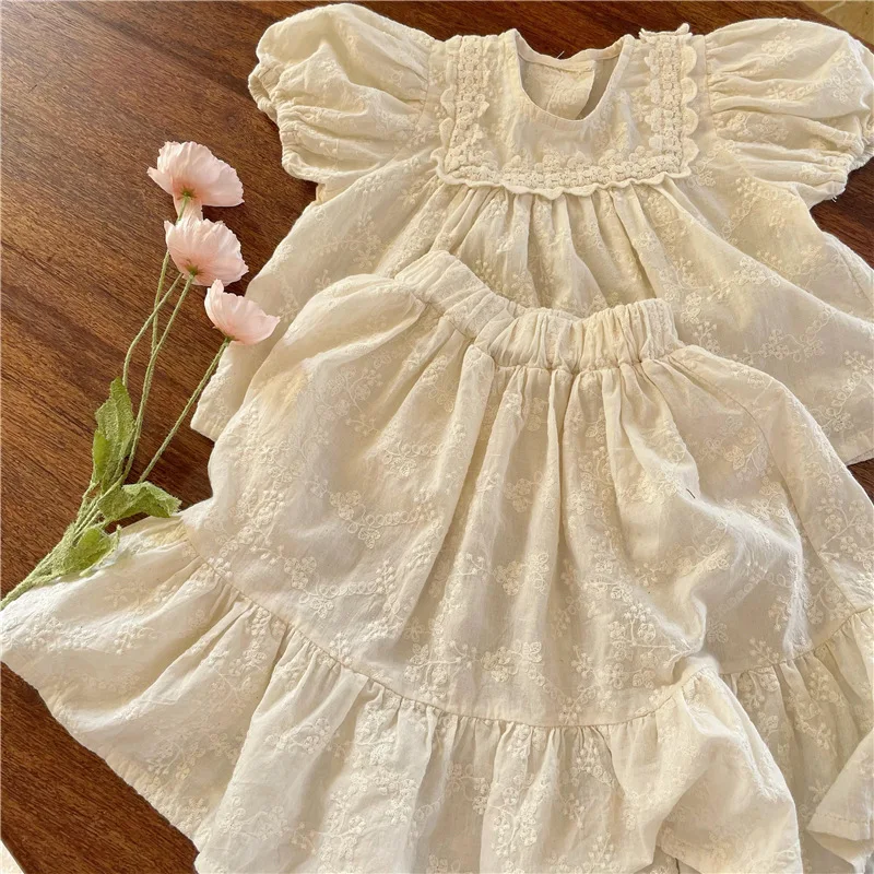 

Sweet Lace Embroidery Toddler Girls Clothes Set Newborn Baby Puff Sleeve Tops +Tutu Skirt Princess Girls Summer Holiday Clothing