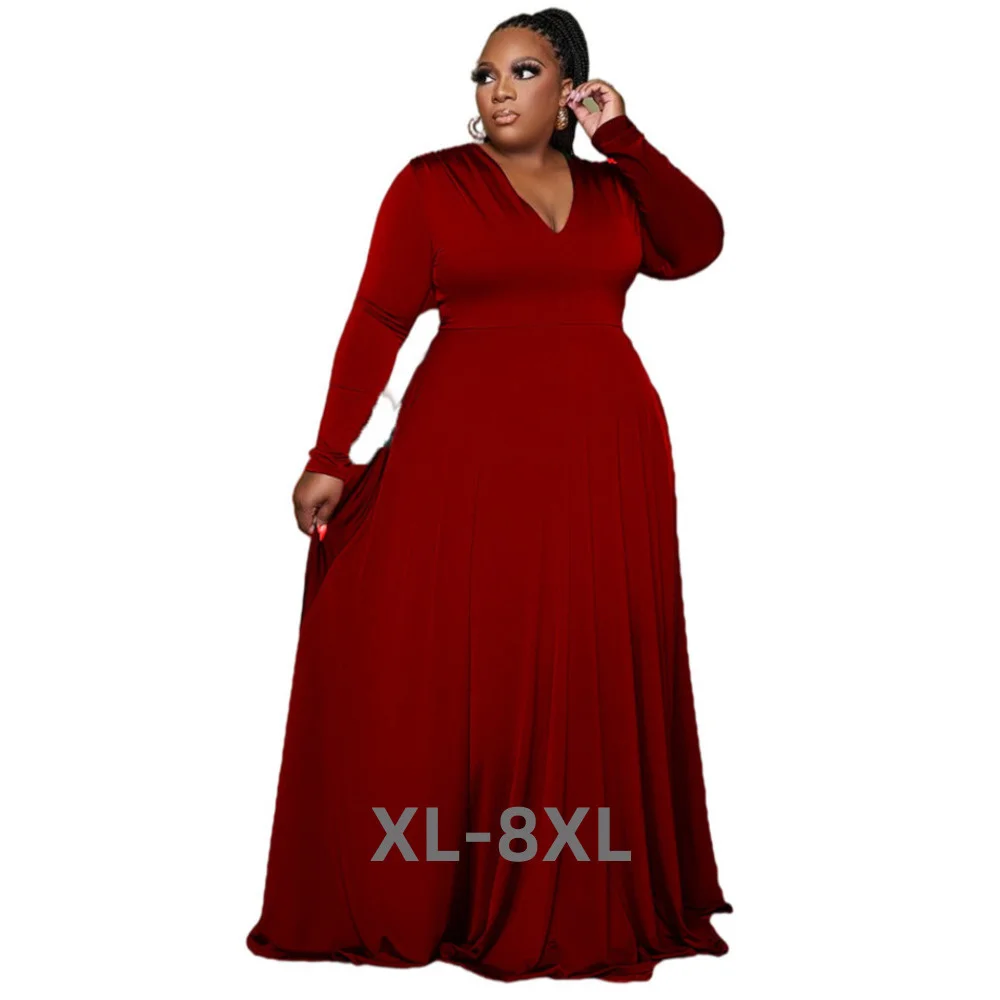 

Plus Size Sexy Solid Color v Neck Long Sleeved Elegant Loose Maxi Evening Dresses Fashion High Waist Women Cl 3xl 4xl 5xl 6xl