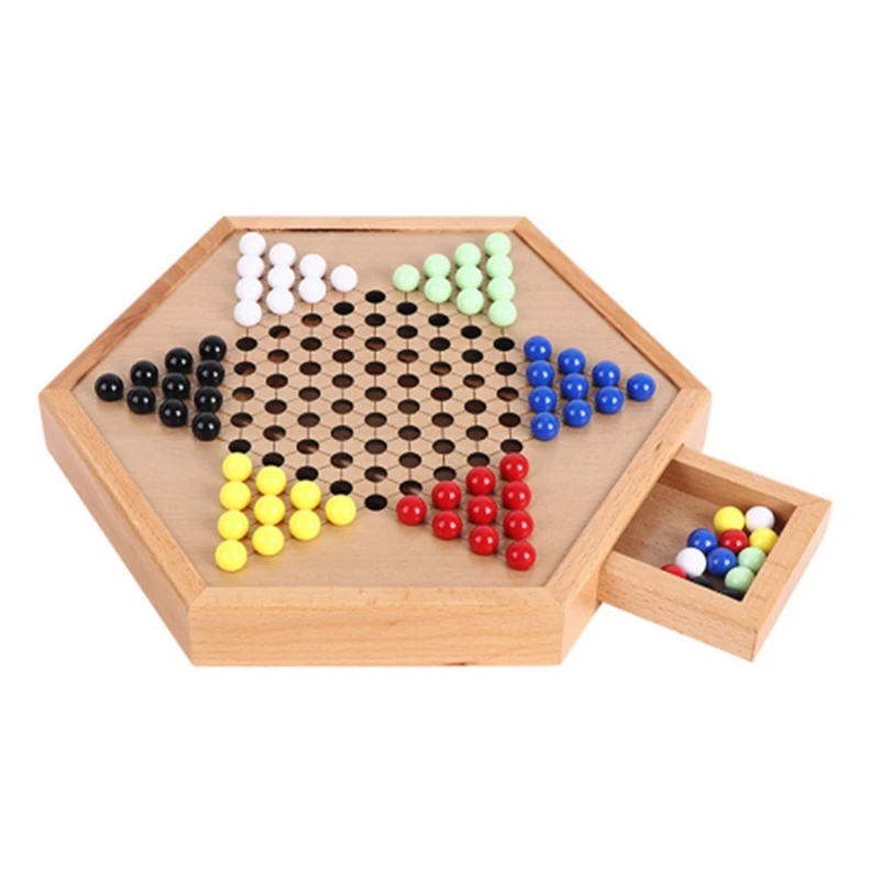 

Hexagonal Drawer Beech Acrylic Checkers Children's Adult Puzzle Wooden Checkers Set