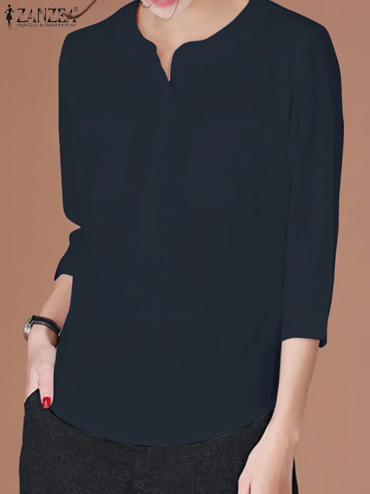 

Блузка ZANZEA женская с круглым вырезом, повседневная элегантная Однотонная рубашка с рукавом 2023, стильные праздничные топы, большие размеры, лето 3/4