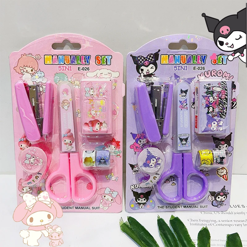 

20Set Kawaii Kuromi Stationery Set Sanrio Cinnamoroll My Melody Anime Cartoon Cute Scissors Stapler Tape Student Toys Girls Gift