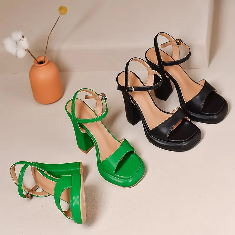 Summer Ankle Strap Sandal 12cm Women Pumps Sexy Peep Toe Square High Heels Woman Shoes Flock Platform Wedding Shoes Heels Women