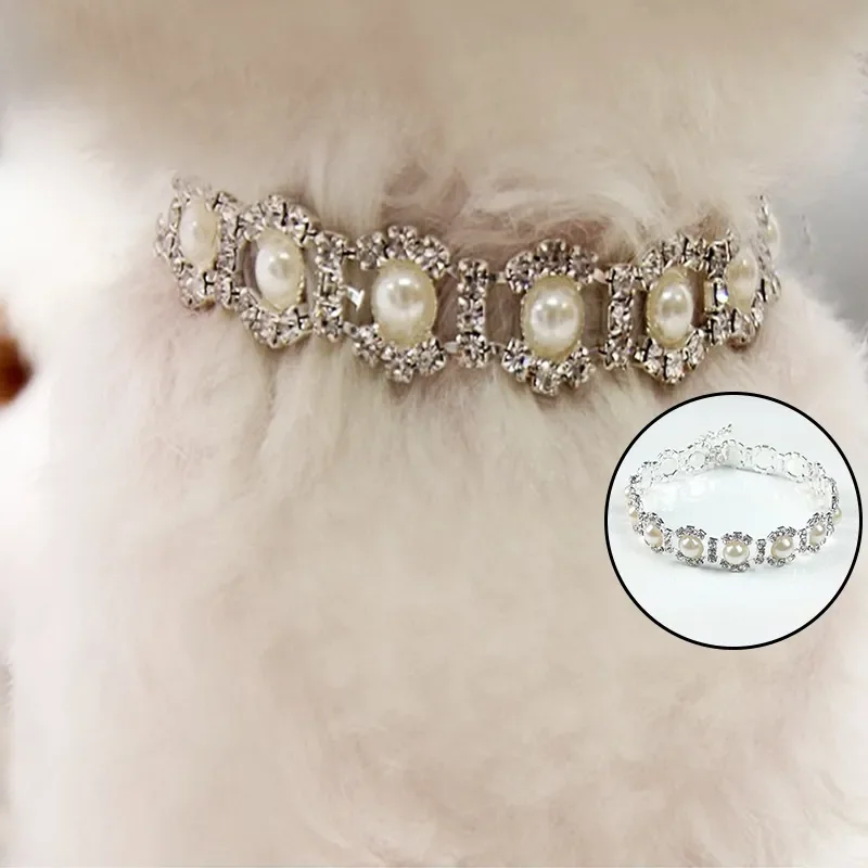 

Rhinestone Pearl Necklace Cute Dog Collar Alloy Diamond Puppy Pet Collars Leashes For Small Dogs Accessories