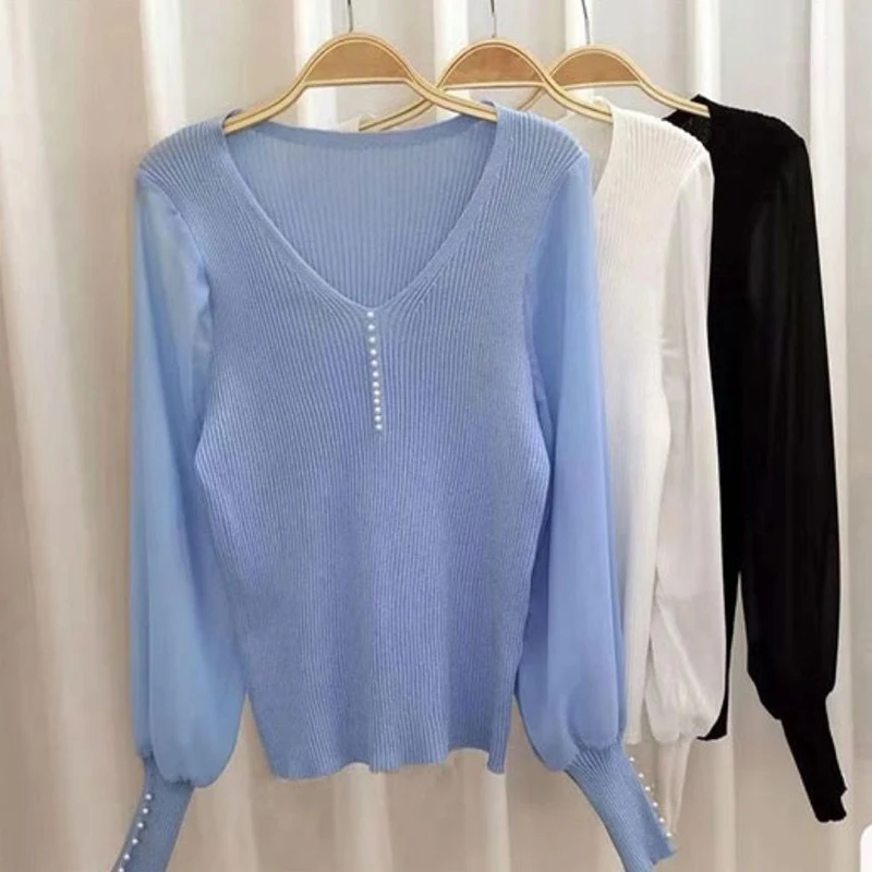 Женский трикотажный пуловер с V-образным вырезом и длинным рукавом