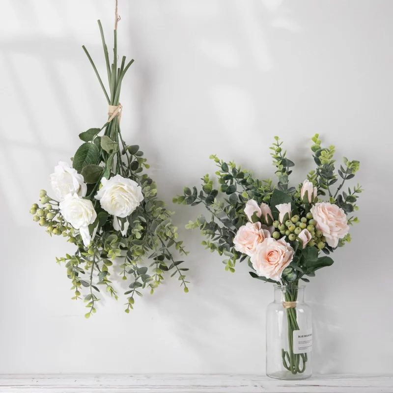 

Home Decoration Rose Eucalyptus Ins Style Artificial Flower Wedding Bouquet Bunch of Fake Flowers DY1-2300