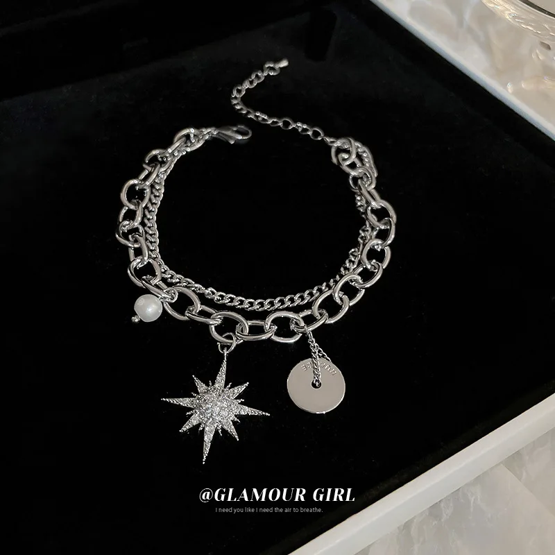 

Mang Xingyuan Brand Pearl Double Layer Bracelet Niche Design Metal Cold Style Personality Elegant New Fo
