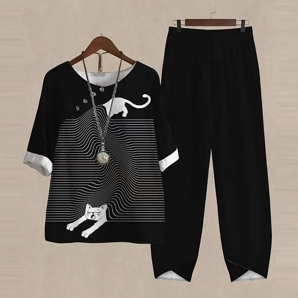 

2 Pcs/Set Trendy Wide Leg Summer T-shirt Pants Set Butterflies Print Plus Size Lady Top Trousers Set Match Shoes