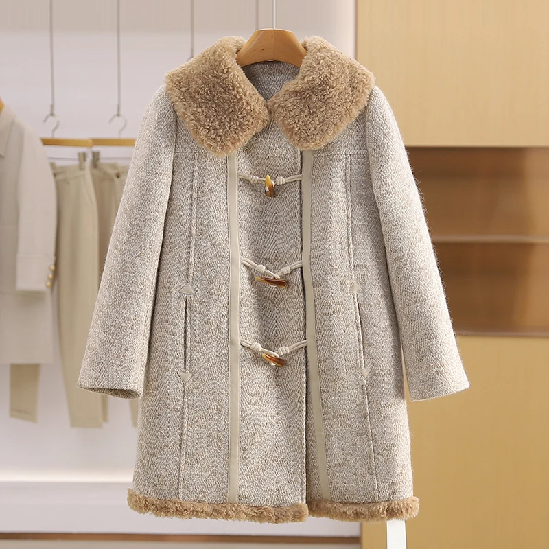 [Float] 90 Белый утиный пух ~ шерстяной пуховик средней длины с роговой пряжкой и