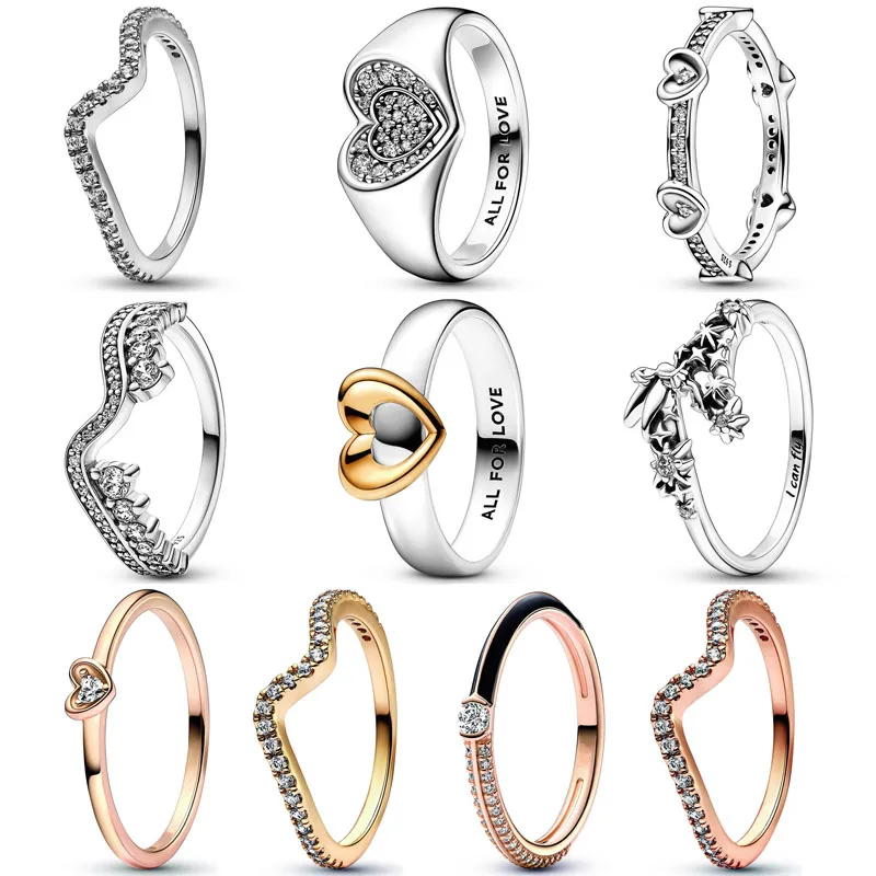 

Аутентичные блестящие серебряные волнистые Асимметричные волнистые Сияющие сердца, вывеска, кольцо с кристаллом для женщин, подарки, ювелирные изделия