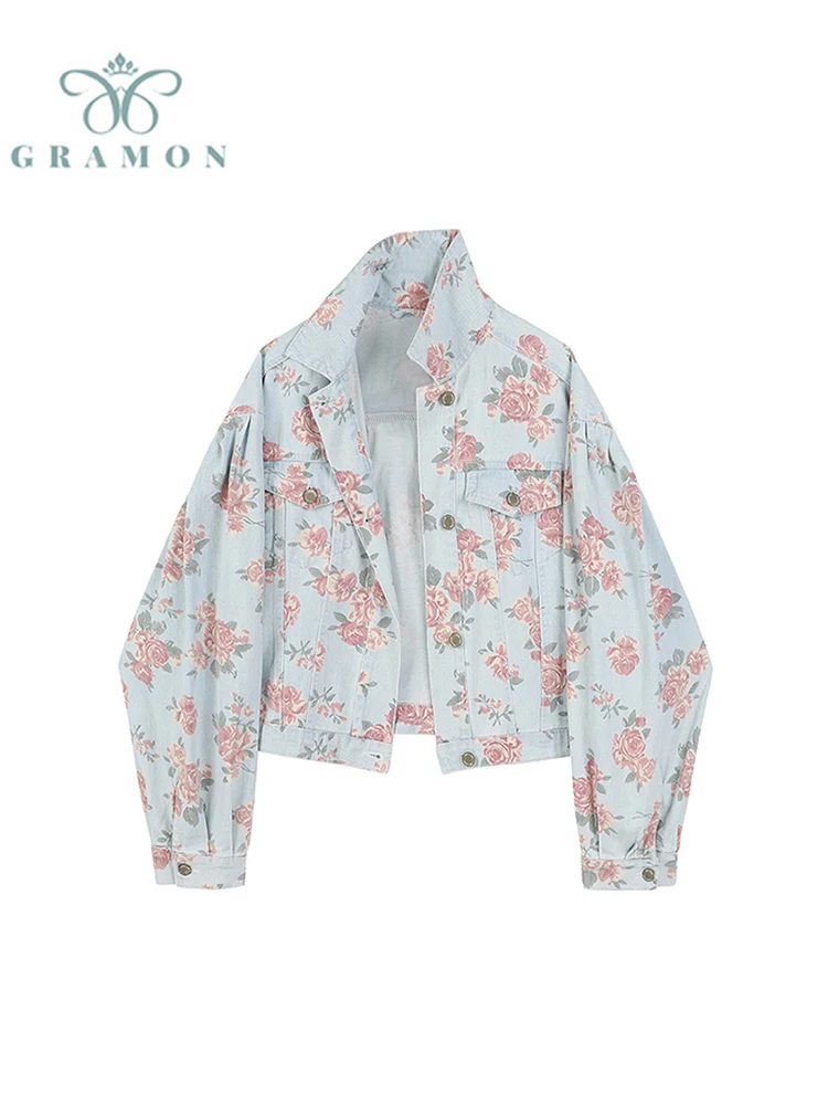 

Rose Printed Romantic Vintage Jeans Jacket Coat For Women's 2022 Autumn Fashion Harajuku Streetwear Loose Denim Jacket Female