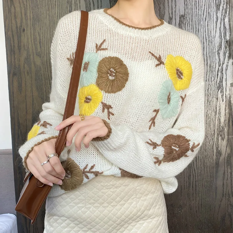 

TEELYNN Long Sleeve Floral Crochet Sweater Women Pullover Knit Autumn Winter Warm Sweaters 2022 Vintage O Neck Boho Jumper Tops