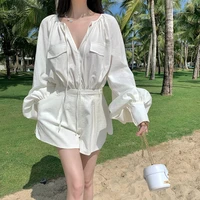 autumn and summer women club party new style fashion waist long sleeved chest tie casual short jumpsuit women party outfits for