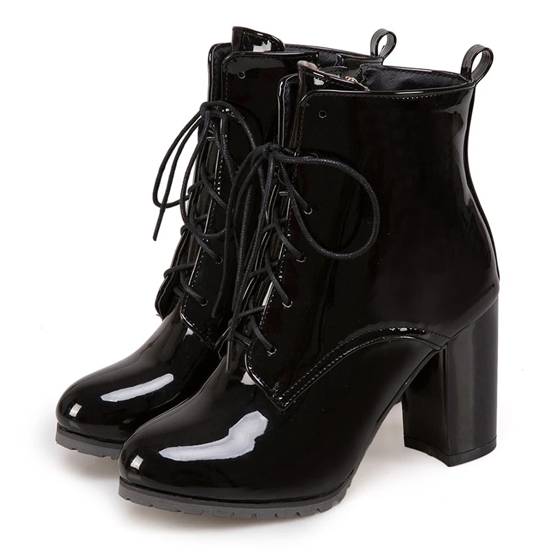 

New Big Size 48 Patent Leather Boots For Women Lace Up High Heels Shoes Spring Autumn Black Footwear Female Ankle Boots Zip