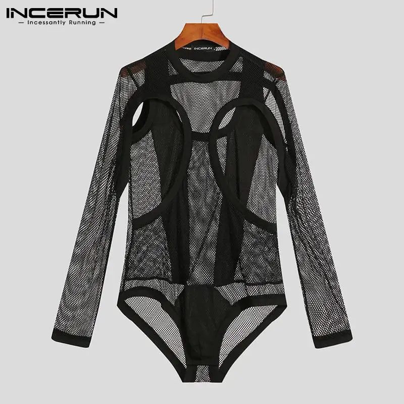 2023 Men Bodysuits Mesh Patchwork See Through Pajamas O-neck Long Sleeve Skinny Rompers Underwear Sexy Bodysuit INCERUN S-5XL