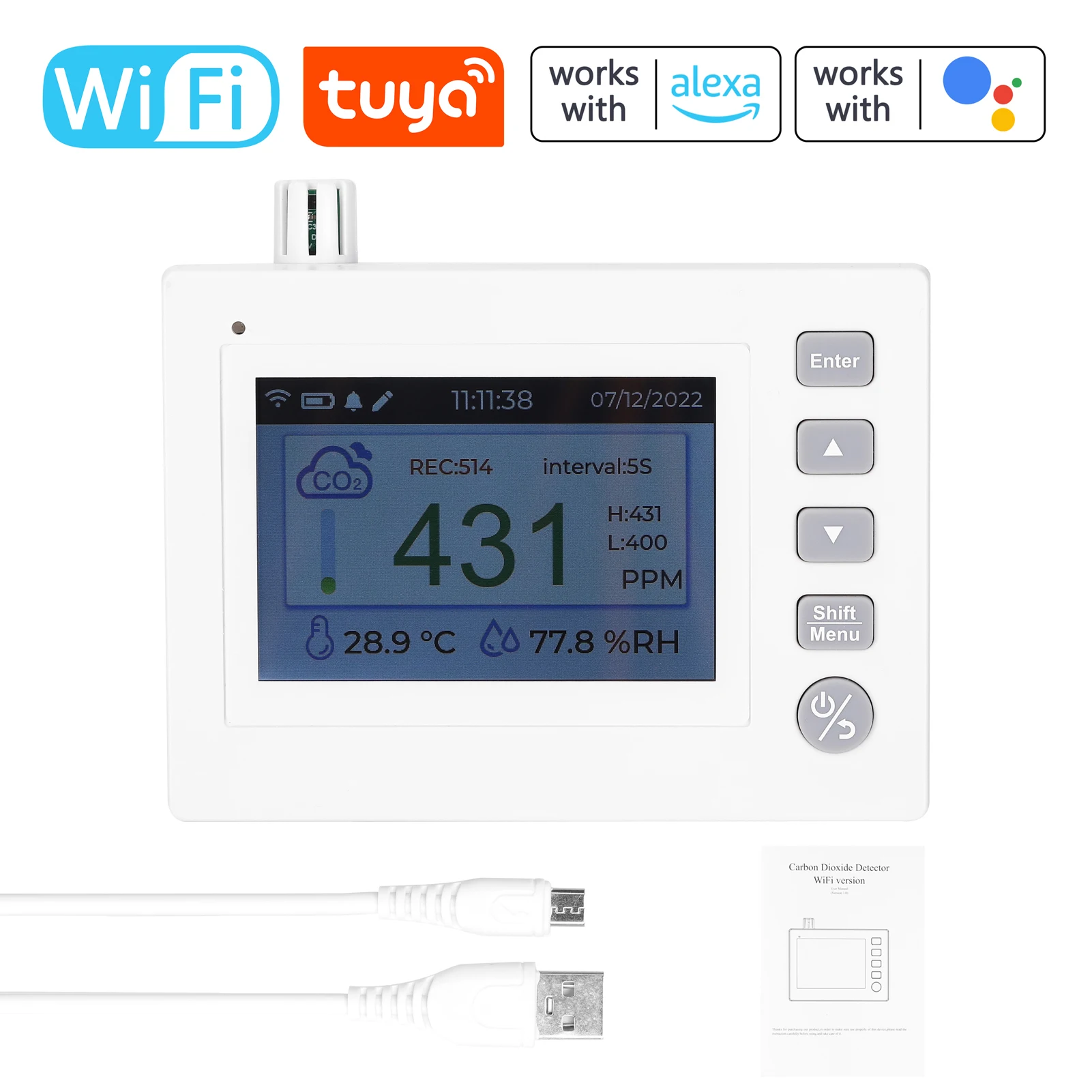 

Портативный детектор углекислого газа Tuya, Wi-Fi, 4,0 дюйма, TFT, полноцветный дисплей