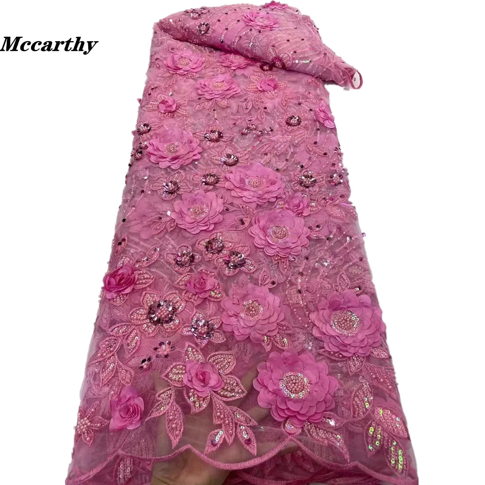 

Luxury Handmade Beads 3D Flowers Embroidered Tulle Lace Fabric African Lace High Quality Sequins Net Lace For Dress