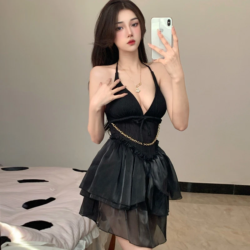 

One Piece Swimsuit With Push Swim Suit For Women Outfits New Elder Sexy Block Back Neck Strap Black Veil Solid Nylon 2022 Large
