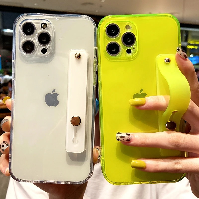 

Wrist Strap Transparent Phone Case For iPhone 11 12 13 Pro Max XS X XR Max Mini 7 8 6 6S Plus SE 2020 Kickstand Bumper Cover