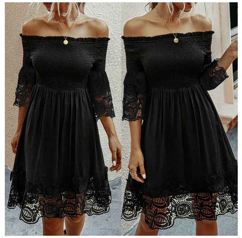 

2022 Spring Summer Fashion Women's Off shoulder Backless Solid Lace Dress