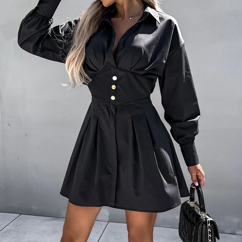 

Офисное повседневное однотонное мини-платье с длинным рукавом, женское элегантное платье-трапеция с отложным воротником, Модные Вечерние П...