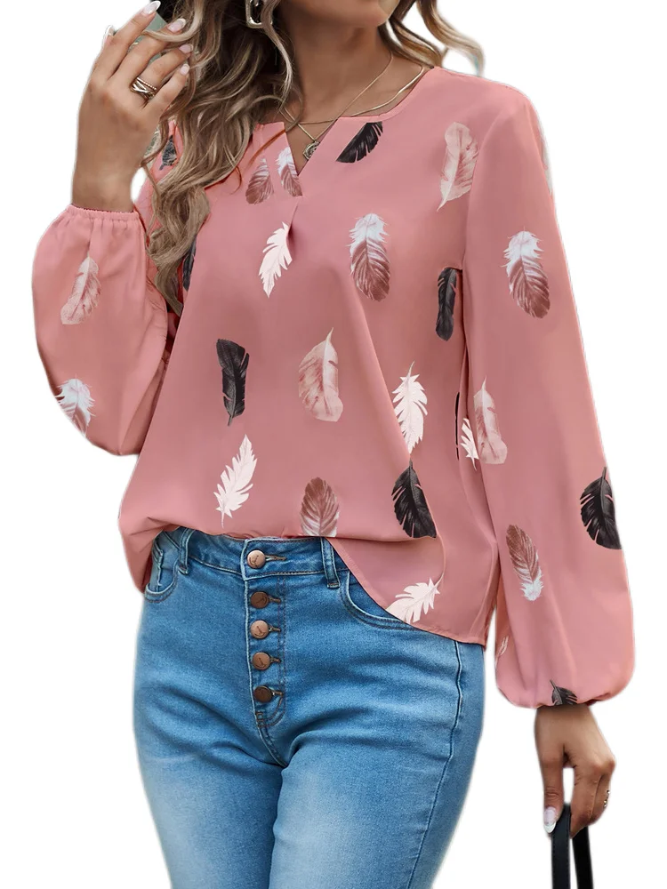 

Spring Summer Ladies Elegant Feather Printed T-Shirt 2023 Women Casual V Neck Pullover Tops Female Loose Lantern Sleeve Tees
