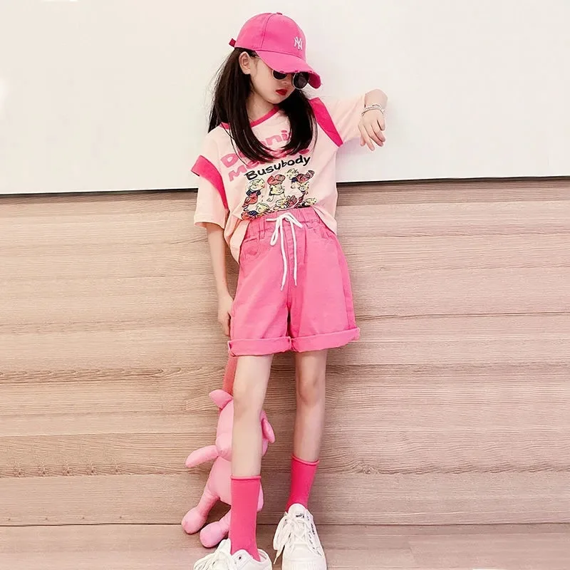 

Korean Summer Girls Cute T-Shirt+ Shorts Set Children Cartoon Short Sleeve Top Outfits Loungewear 2Pcs Kids Loungewear for 4-16Y