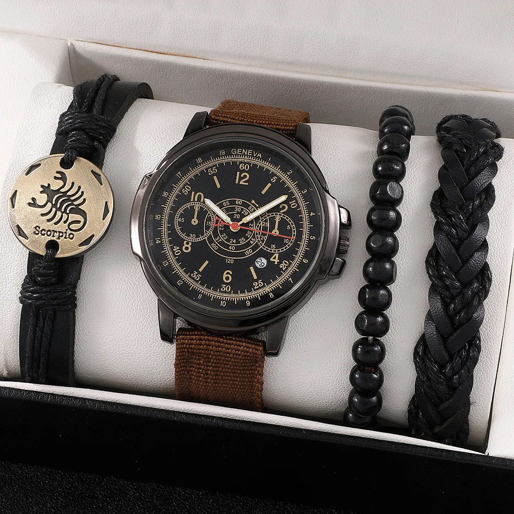 

Casual Men's Watch Set Canvas Strap Calendar Quartz Watch With Personalized Leather Sports Bracelet Men