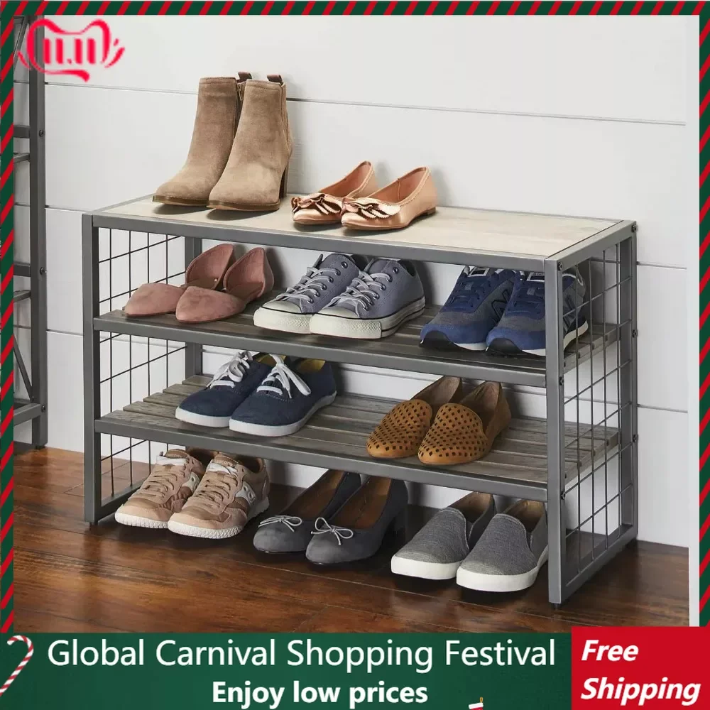 

3 Tiers,12-Compartment Garment Shoe Rack wood, Gray，30.00 x 12.00 x 18.00 Inches